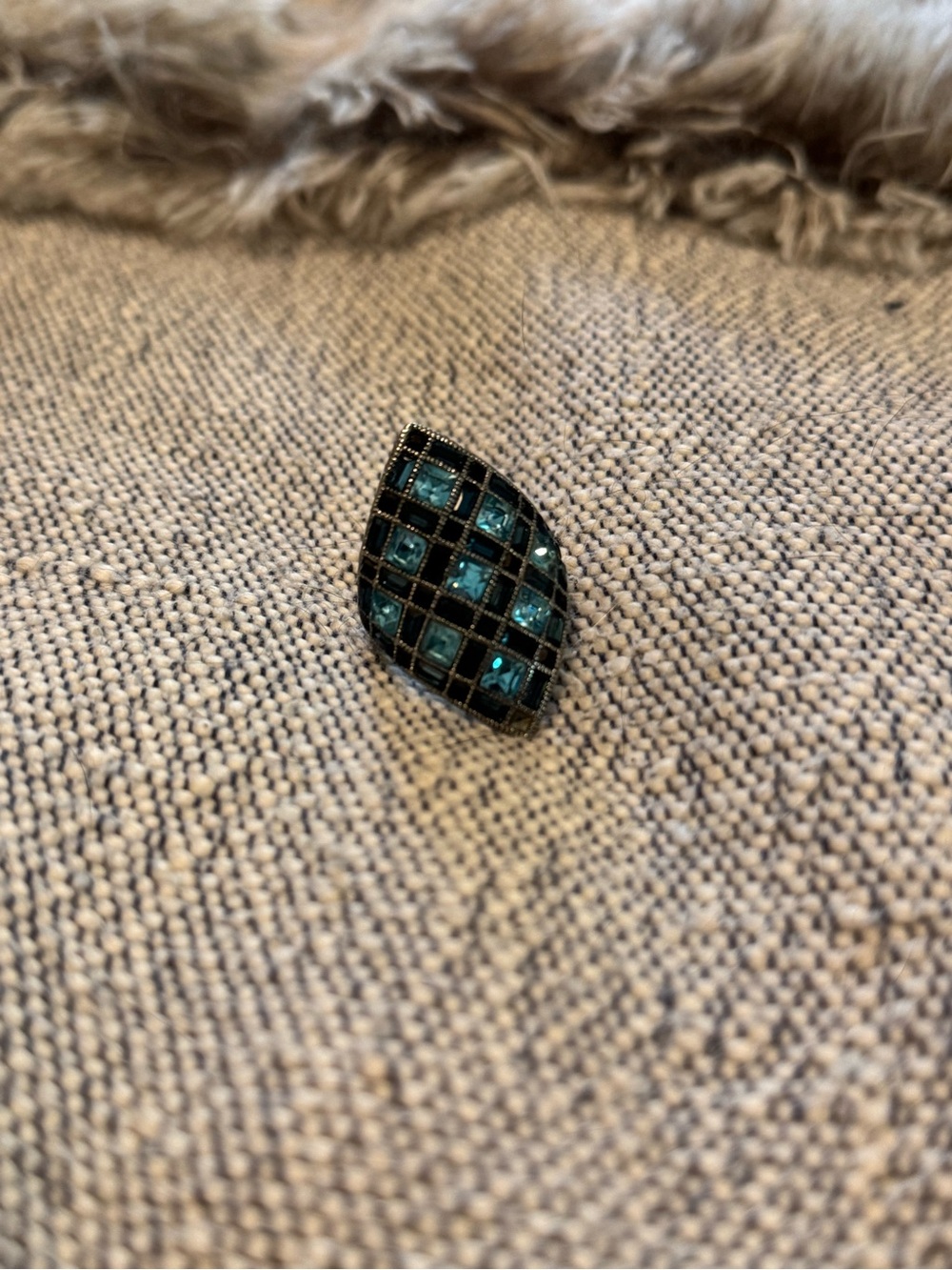 Teal and Black Grid Marquise Statement Ring